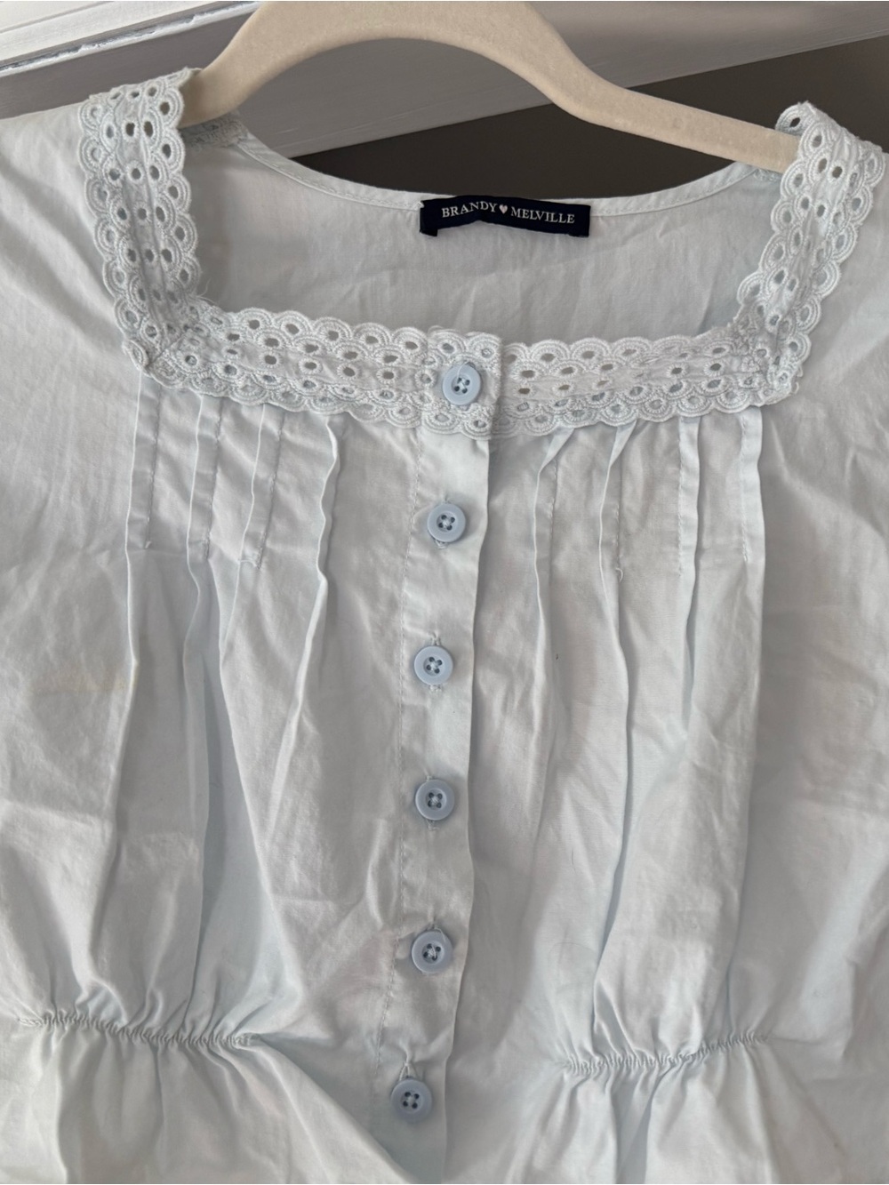 Brandy Melville Light Blue Eyelet-Trim Button Front Blouse